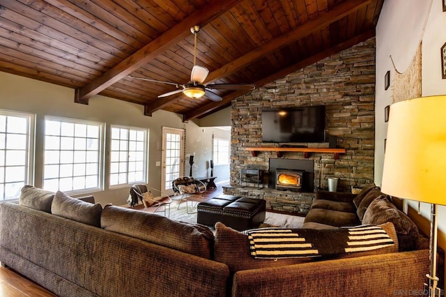 living room with hardwood / wood-style floors, wood ceiling, beamed ceiling, and ceiling fan