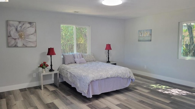 bedroom with multiple windows and hardwood / wood-style floors