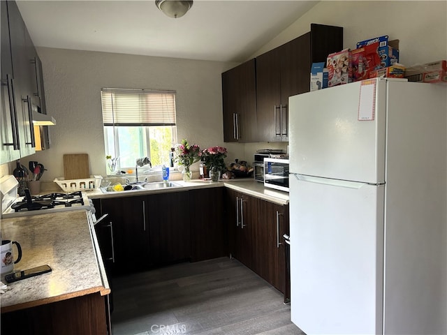 kitchen with dark brown cabinetry, white refrigerator, light wood-type flooring, and vaulted ceiling