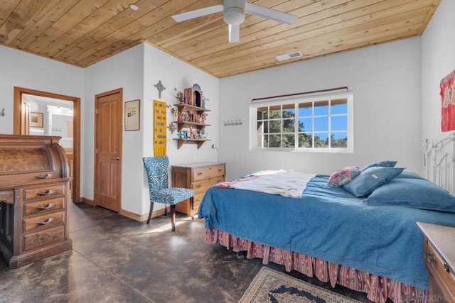 bedroom featuring ceiling fan and wood ceiling