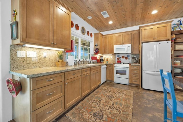 kitchen featuring sink, tasteful backsplash, white appliances, wooden ceiling, and light stone countertops