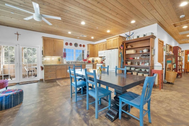 dining space with wood ceiling and ceiling fan