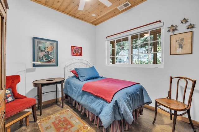 bedroom with ceiling fan and wood ceiling