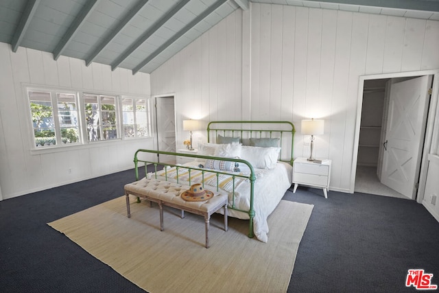 carpeted bedroom featuring high vaulted ceiling, beam ceiling, and wood walls