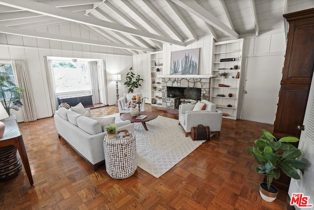 living room featuring a stone fireplace, dark parquet flooring, lofted ceiling with beams, and wood walls