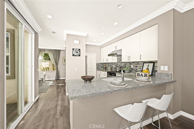 kitchen with hardwood / wood-style flooring, white cabinets, light stone counters, and kitchen peninsula