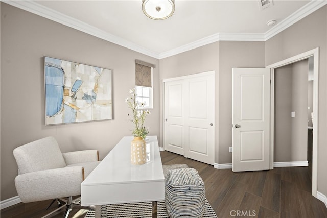 office space featuring dark wood-type flooring and ornamental molding