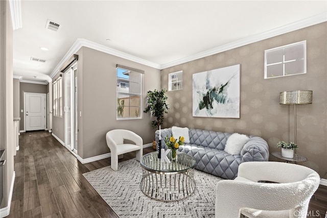 living room featuring dark wood-type flooring and ornamental molding