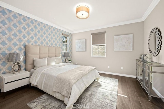 bedroom with dark wood-type flooring and ornamental molding