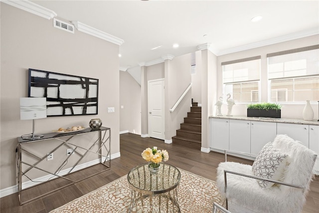 living room featuring crown molding and dark wood-type flooring