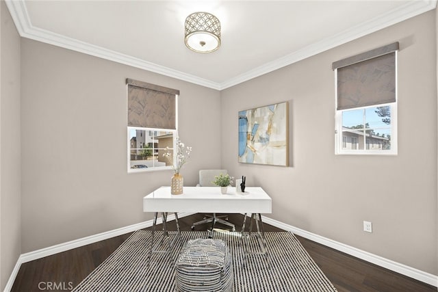 home office featuring hardwood / wood-style flooring and ornamental molding