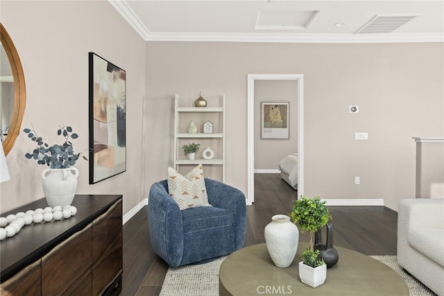 living room with ornamental molding and wood-type flooring