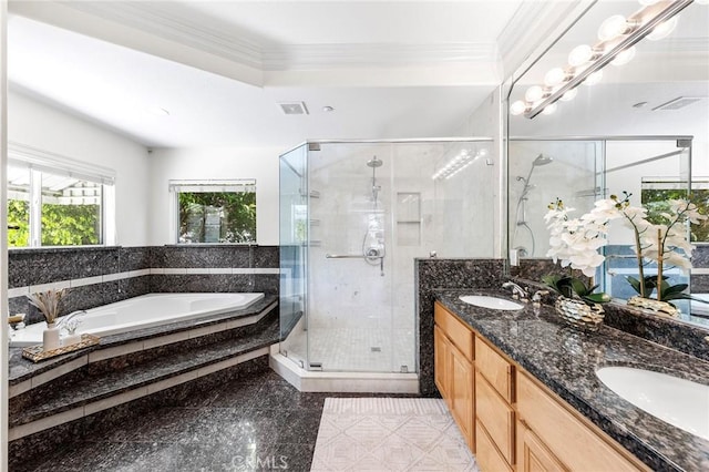 bathroom featuring vanity, crown molding, and plus walk in shower