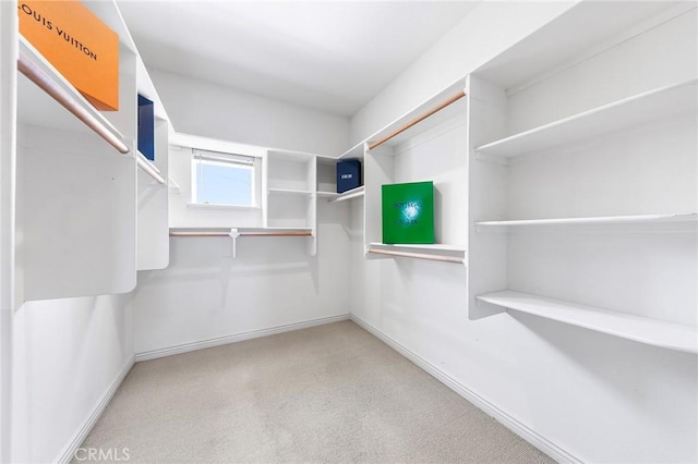 walk in closet with light colored carpet