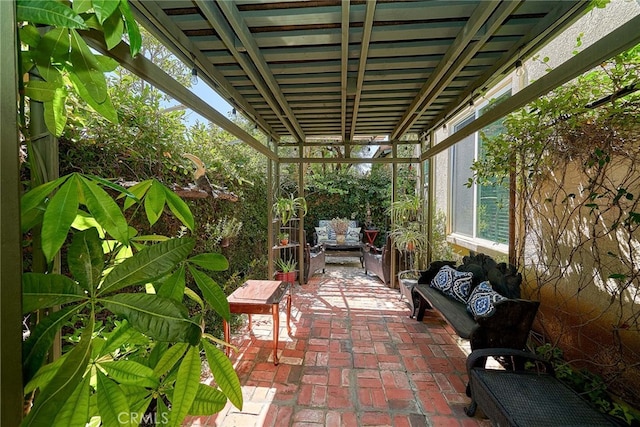 view of patio with a pergola and an outdoor living space