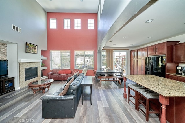 living room featuring a towering ceiling and hardwood / wood-style floors