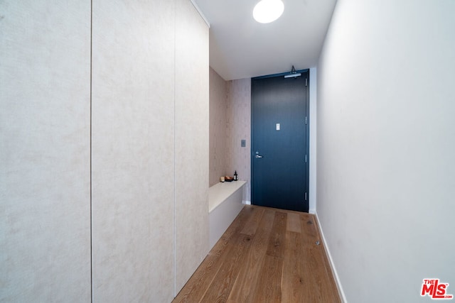 corridor with hardwood / wood-style flooring