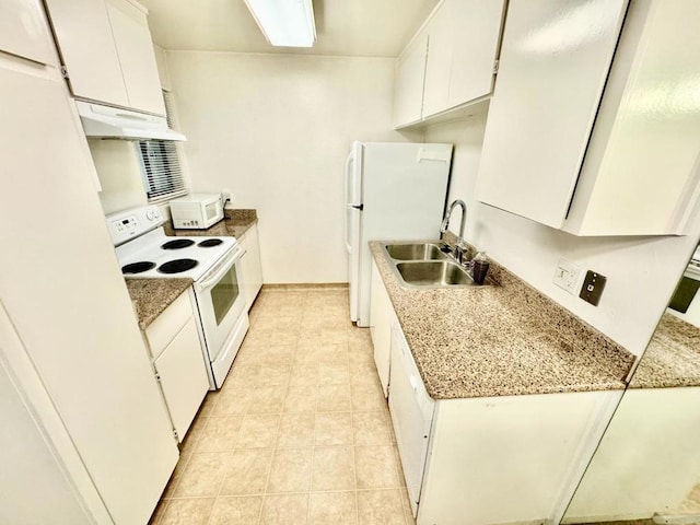 kitchen featuring light stone countertops, sink, white cabinets, and white appliances