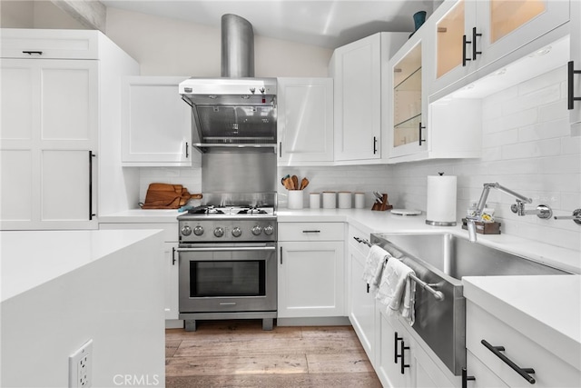 kitchen featuring white cabinets, lofted ceiling, backsplash, and high end stainless steel range