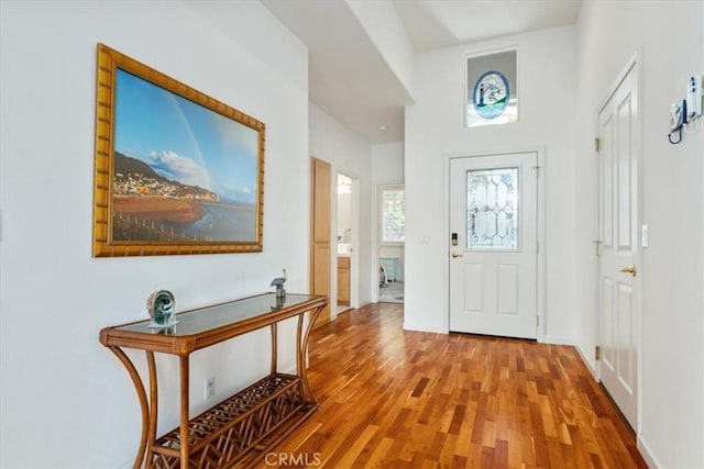 foyer entrance with hardwood / wood-style floors and a towering ceiling