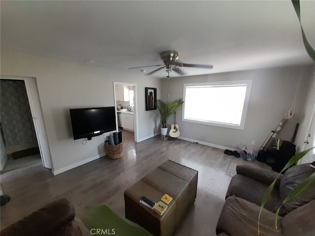 living room with ceiling fan and dark wood-type flooring