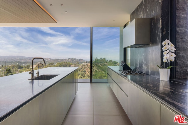 kitchen featuring decorative backsplash, stainless steel gas cooktop, sink, and a mountain view