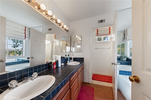 bathroom featuring a washtub, plenty of natural light, and hardwood / wood-style flooring