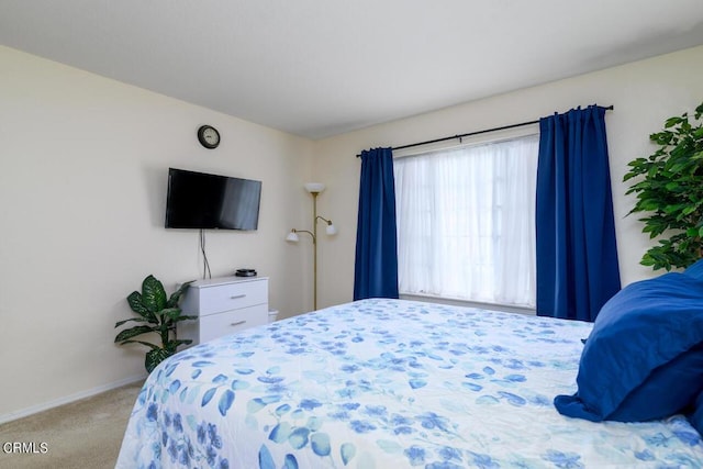 bedroom with light colored carpet