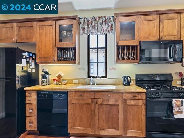 kitchen with wood-type flooring, sink, and black appliances