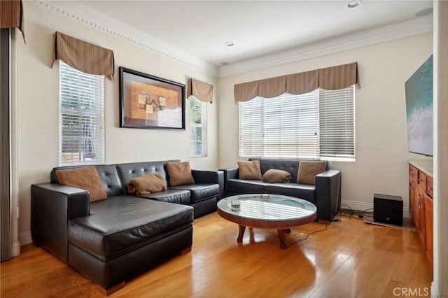 living room with hardwood / wood-style floors, plenty of natural light, and ornamental molding