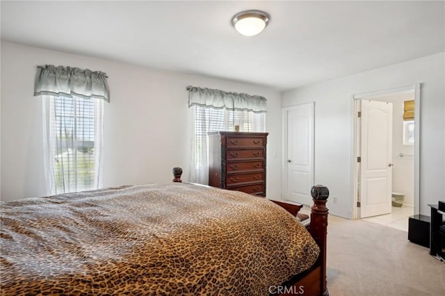 bedroom with multiple windows and light carpet