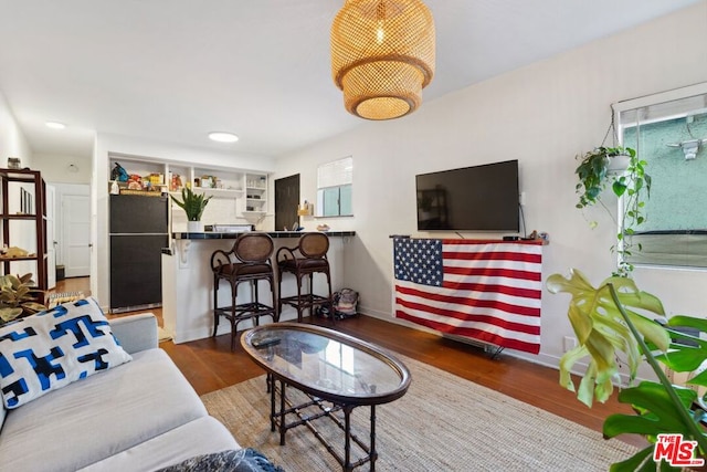 living room with dark hardwood / wood-style flooring