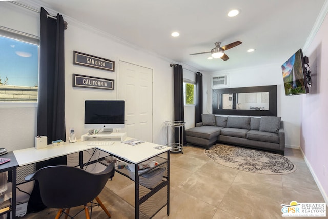 office featuring light tile patterned floors, crown molding, and ceiling fan