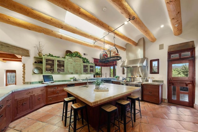 kitchen featuring sink, beamed ceiling, an island with sink, a breakfast bar area, and island range hood