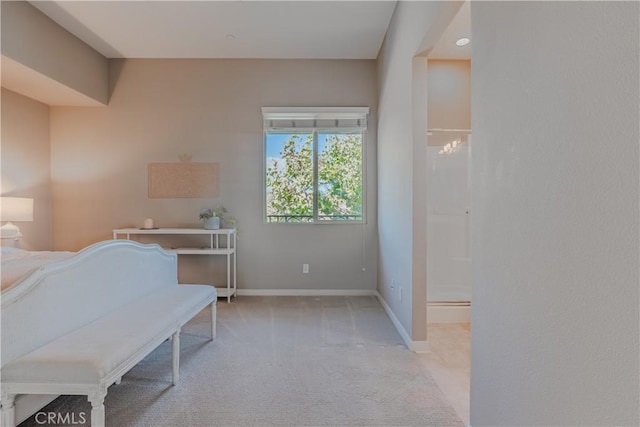 bedroom featuring light colored carpet