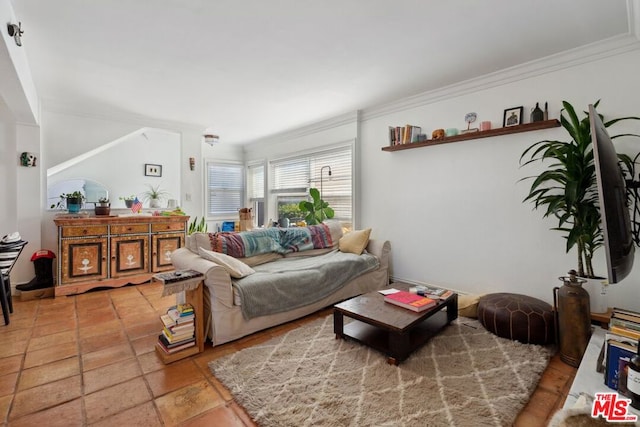 living room featuring crown molding