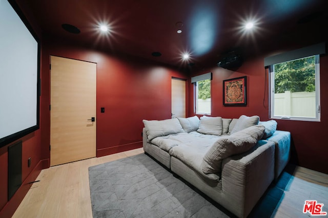 cinema with light wood-type flooring and a healthy amount of sunlight