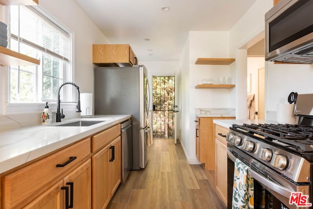 kitchen featuring stainless steel appliances, light hardwood / wood-style floors, and sink