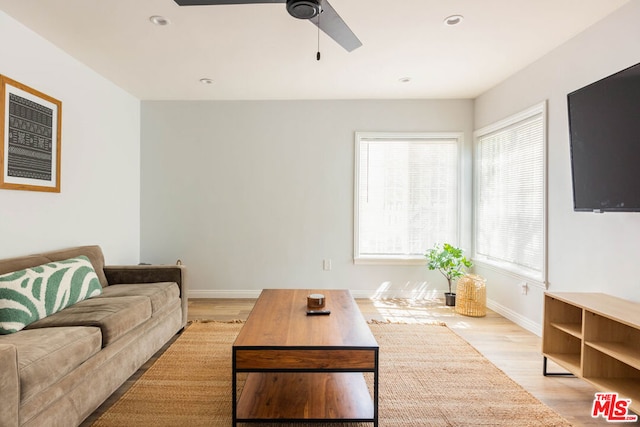 living room featuring ceiling fan and light hardwood / wood-style flooring