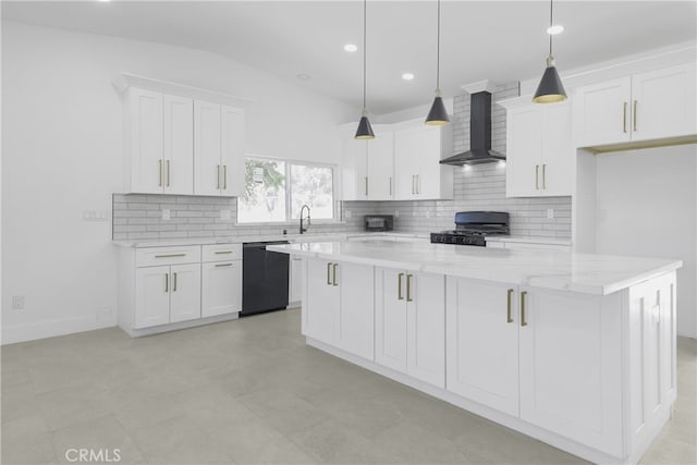 kitchen featuring white cabinets, black appliances, a center island, and wall chimney range hood