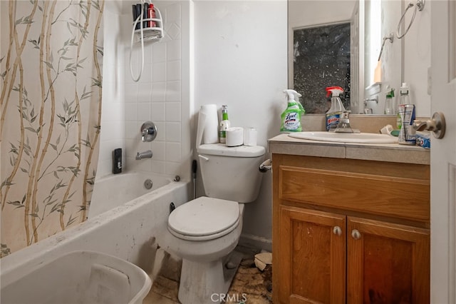 full bathroom featuring vanity, toilet, and shower / bathtub combination with curtain