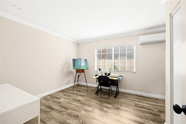 office featuring a wall mounted air conditioner, hardwood / wood-style floors, and ornamental molding