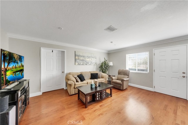 living room with a textured ceiling, crown molding, and light hardwood / wood-style floors