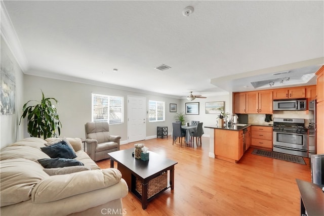 living room with ornamental molding, light wood-type flooring, ceiling fan, and sink