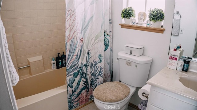 full bath with toilet, shower / tub combo with curtain, and vanity