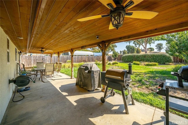 view of patio / terrace featuring ceiling fan and grilling area