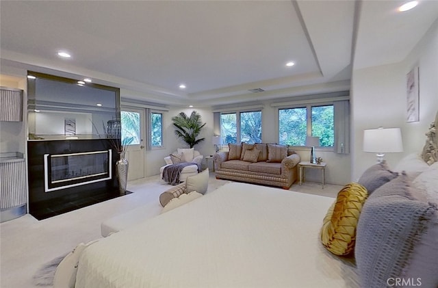 bedroom featuring a tray ceiling and carpet floors