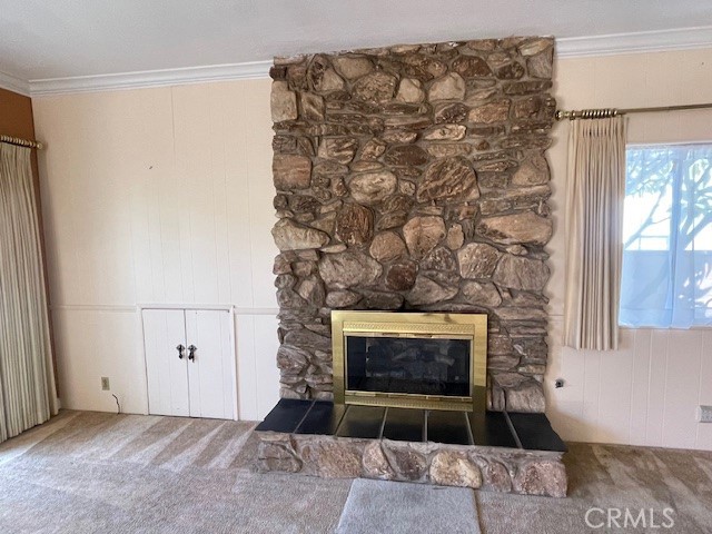 interior details featuring a fireplace, crown molding, wood walls, and carpet