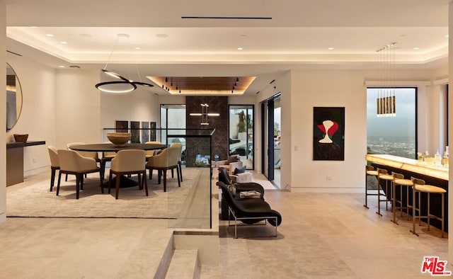 dining room with a raised ceiling