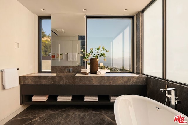 bathroom with vanity, a tub, and expansive windows